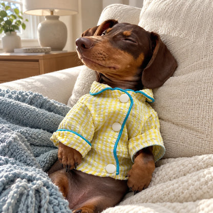 Dachshund wearing a yellow plaid pajama shirt while relaxing on a cream sofa