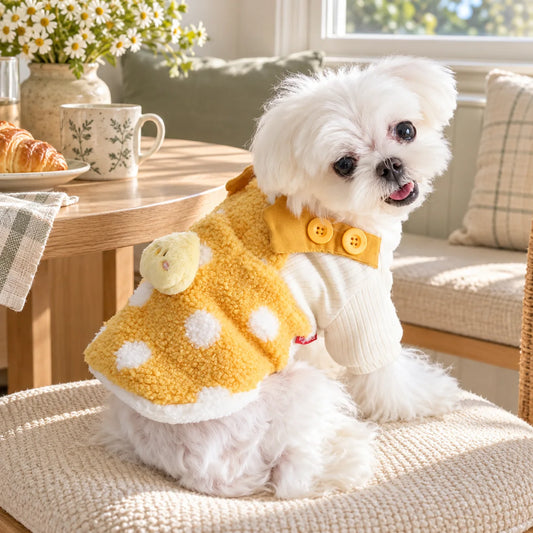 Small white dog wearing yellow polka dot fleece pet vest in a warm modern American breakfast nook